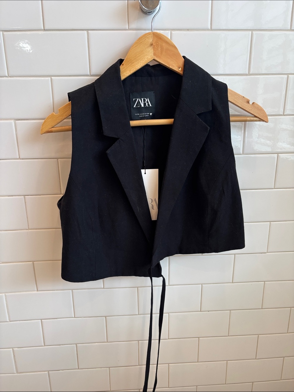 ZARA Black Cropped Sleeveless Blazer Vest with Ties that wrap around.